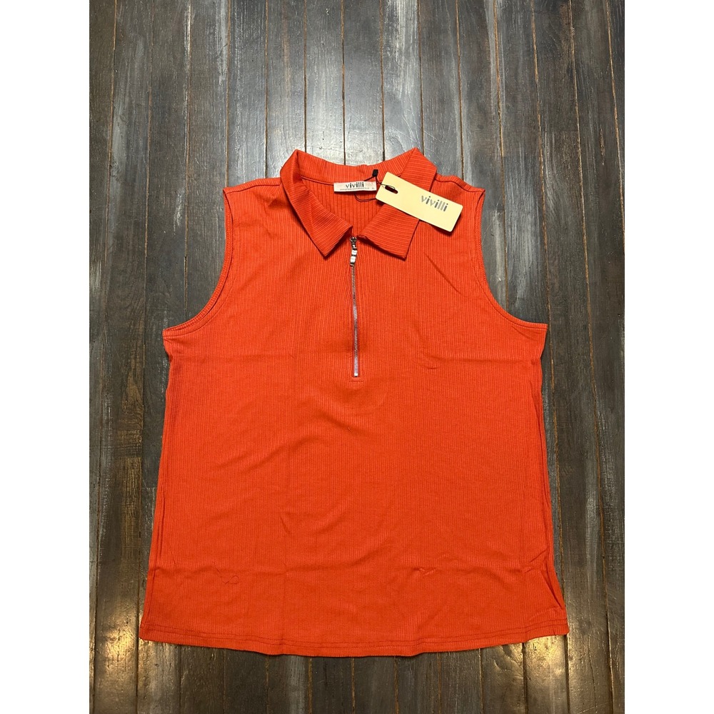 Vivilli Ribbed Sleeveless Quarter Zip Polo Top Burnt Orange